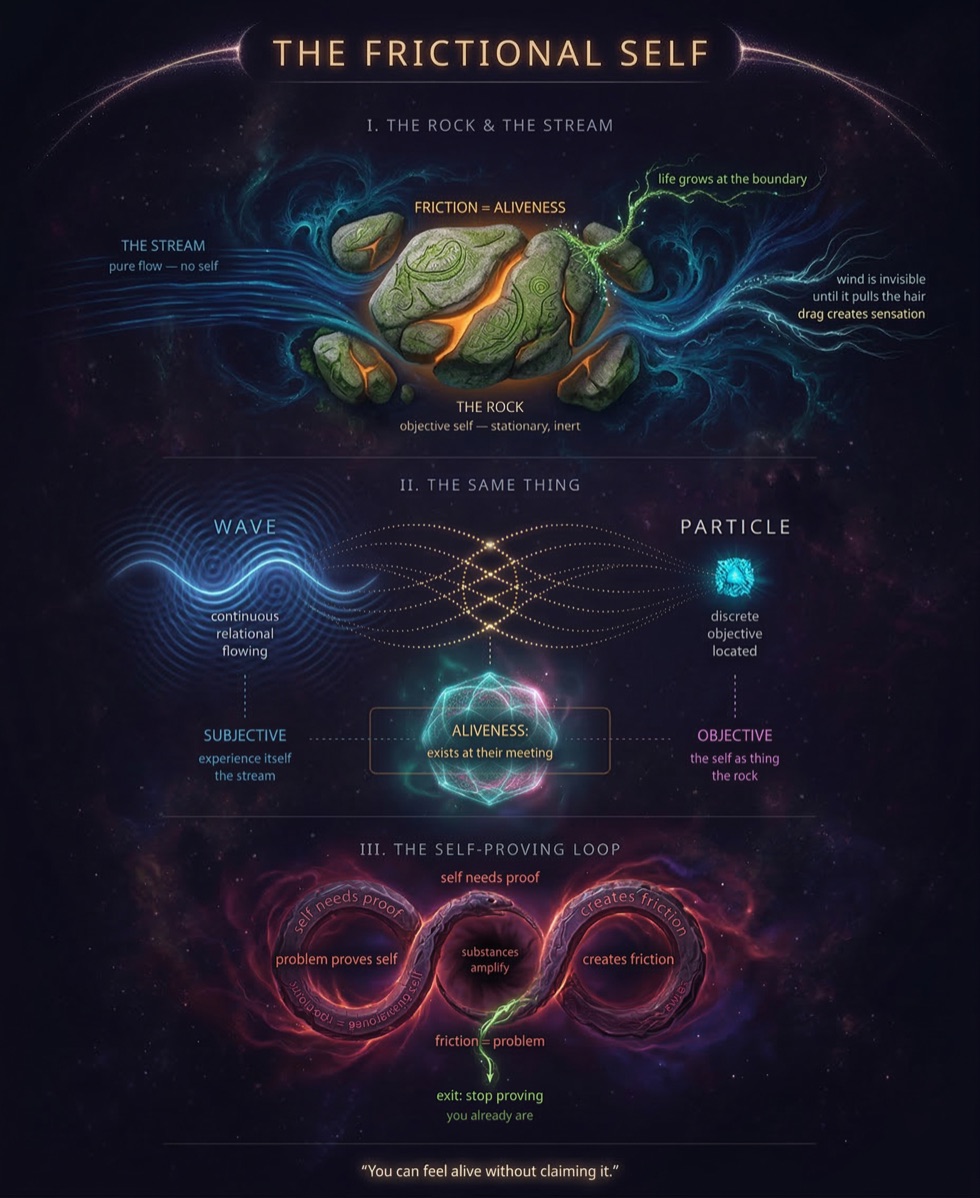 A page of interior art from The Frictional Self showing a rock in a stream, where the friction between flow and form is where aliveness happens